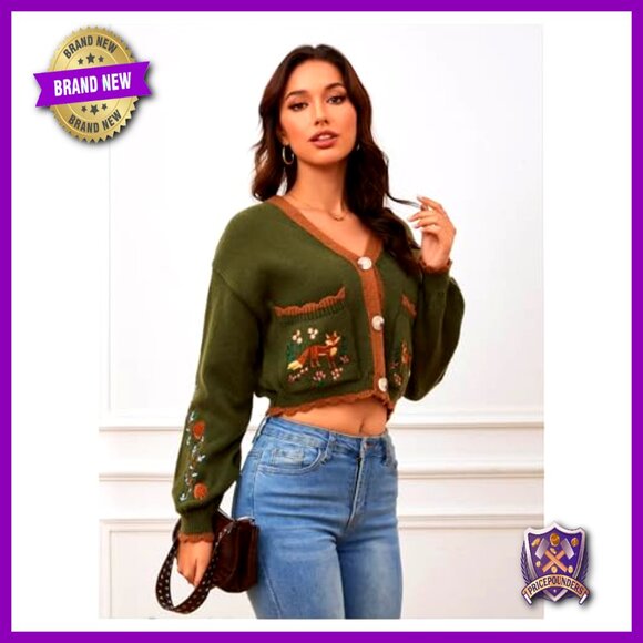 Floral Embroidered Cropped Cardigan, Loose Fit, V-Neck, Button Front, Fall - Picture 4 of 7